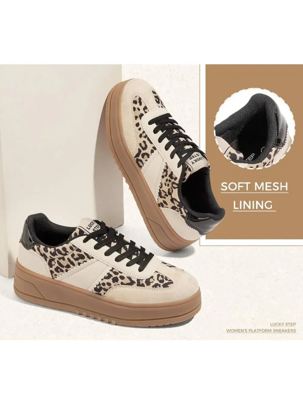 Women's Beige/Leopard Lace Up Platform Thick Sole Comfortable Fashion Sneakers